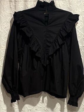 En Saison Black Ruffle High-Neck Long Sleeve Blouse